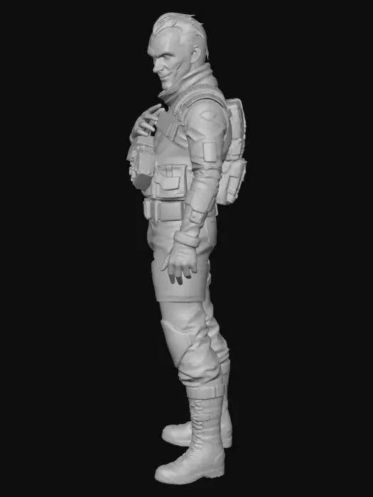 3D model for "Joker как COD-герой в киберпанковом сеттинге, стоит прямо, смотрит вперёд. Диагональный кросс-ракурс, плавный сдвиг камеры. Материалы: неоновый камуфляж с патиной, киберброня, маска Joker с графикой. Свет: холодный синий неон слева, тёплый пурпурно-оранжевый справа; дым, искры и цифровые артефакты вокруг. Фон: неоновый мегаполис, стекло и металл, влажные блики. Камера: 40 мм, f/2.0, резкость на лице, глубина резкости умеренная."