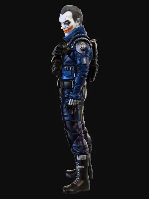 3D model for "Joker как COD-герой в киберпанковом сеттинге, стоит прямо, смотрит вперёд. Диагональный кросс-ракурс, плавный сдвиг камеры. Материалы: неоновый камуфляж с патиной, киберброня, маска Joker с графикой. Свет: холодный синий неон слева, тёплый пурпурно-оранжевый справа; дым, искры и цифровые артефакты вокруг. Фон: неоновый мегаполис, стекло и металл, влажные блики. Камера: 40 мм, f/2.0, резкость на лице, глубина резкости умеренная."