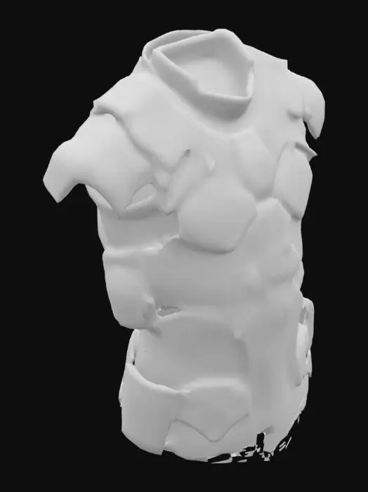 3D model for Design an ultra-detailed, realistic sci-fi torso body armor inspired by Dead Space, crafted for a AAA game. The armor is constructed from dark metallic materials with a worn, battle-scarred texture, featuring scratches, dents, and faint corrosion for a gritty, industrial feel. The surface is a mix of matte and glossy black panels, with intricate seams, rivets, and reinforced plating. Subtle blue glowing lights pulse along edges, vents, and integrated tech modules, casting a cold, futuristic glow. The design includes hyper-detailed mechanical components, exposed conduits, and modular attachments, giving a functional, lived-in appearance. The chest plate is robust yet segmented for mobility, with faint etched patterns hinting at embedded tech. Textures are 8K PBR, game-ready.