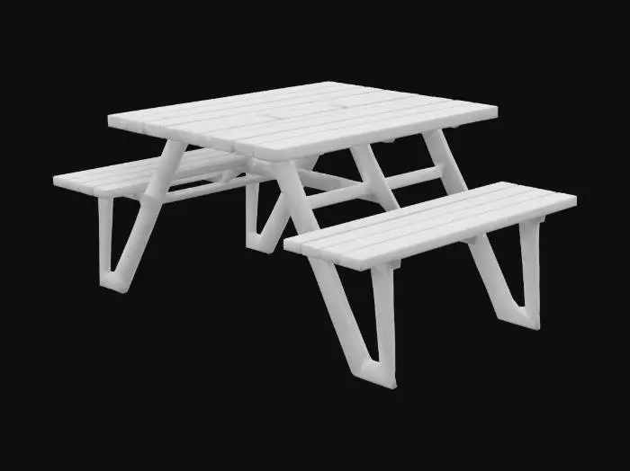 3D model for Make a metal picnic table, with slightly rusted light-grey legs, and a darkish blue top