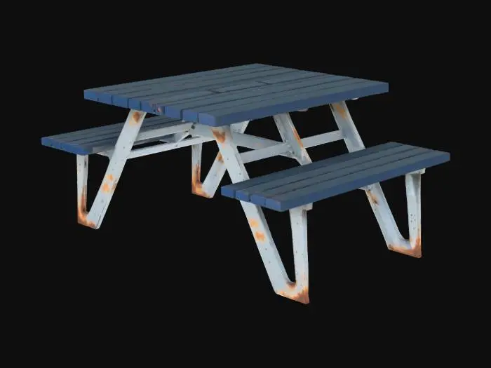 3D model for Make a metal picnic table, with slightly rusted light-grey legs, and a darkish blue top