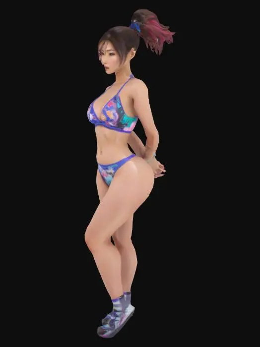 3D model for Athletic, gorgeous young Asian woman with a beautiful face and lips. She is quite voluptuous in her anime-inspired bikini clothing.