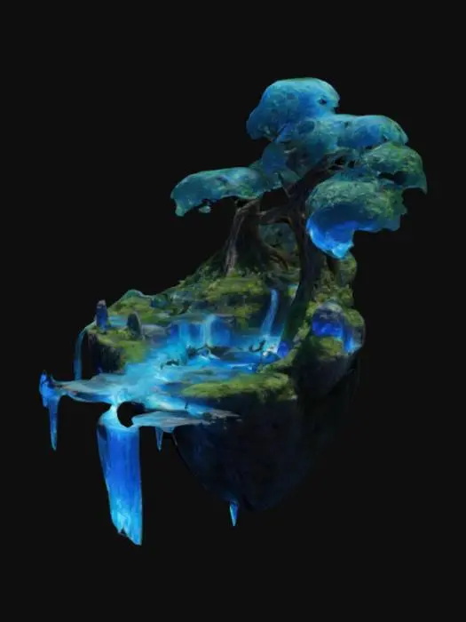3D model for  "Mystical Floating Island"
Description:
Imagine a floating island in the sky, with waterfalls that cascade down into the clouds. The terrain is a mix of lush greenery, jagged rocks, and glowing blue crystals embedded in the ground. A towering ancient tree with bioluminescent leaves stands at the center, with its roots wrapping around ruins of an old civilization. Suspended wooden bridges connect smaller floating rocks nearby, where birds and small magical creatures fly around.