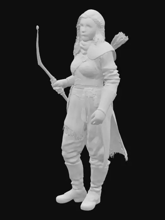 3D model for Create an older, curvy woman ranger that has red and grey hair wears an olive green outfit that has leather armor mixed in a realistc style