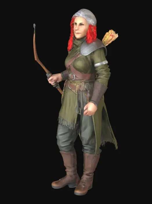 3D model for Create an older, curvy woman ranger that has red and grey hair wears an olive green outfit that has leather armor mixed in a realistc style