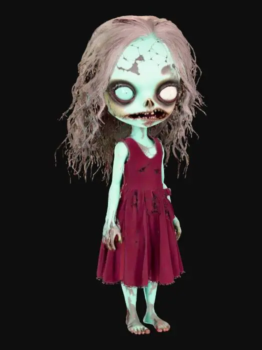 3D model for Un'adorabile bambina zombi stilizzata, con una testa sproporzionatamente grande e occhi vuoti ma espressivi di un azzurro pallido. La sua pelle è di un verde menta spento, liscia e quasi gommosa, con piccole crepe nere a forma di ragnatela. Indossa un vestitino di velluto bordeaux strappato e logoro, che le conferisce un'aria malinconica. La struttura è snella e quasi caricaturale, con arti sottili. La texture è prevalentemente liscia, ma i bordi del vestito sono sfilacciati e i capelli castani sono a ciocche spesse e disordinate., #Halloween2025#