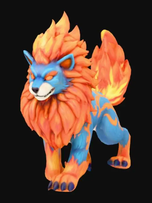3D model for A powerful fusion between an Entei and a Raikou pokemon. Highly detailed, fantasy, polished, full body