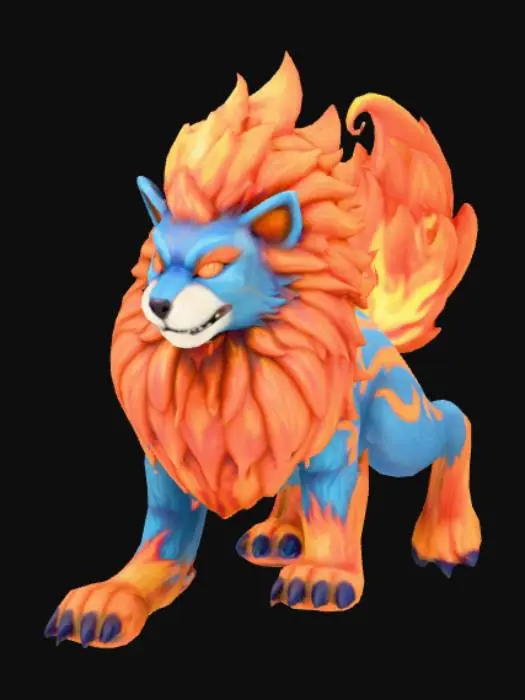 3D model for A powerful fusion between an Entei and a Raikou pokemon. Highly detailed, fantasy, polished, full body