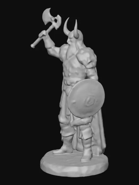 3D model for Stwórz mi figurkę vikinga stojącego na podstawce. Ubranego w zbroję z futer oraz z rogatym hełmem na głowie. Ma płaszcz do samej ziemi. W lewym ręku tarcza, blisko ciała w drugim, topór uniesiony do góry w wyciągniętej ku górze dłoni.