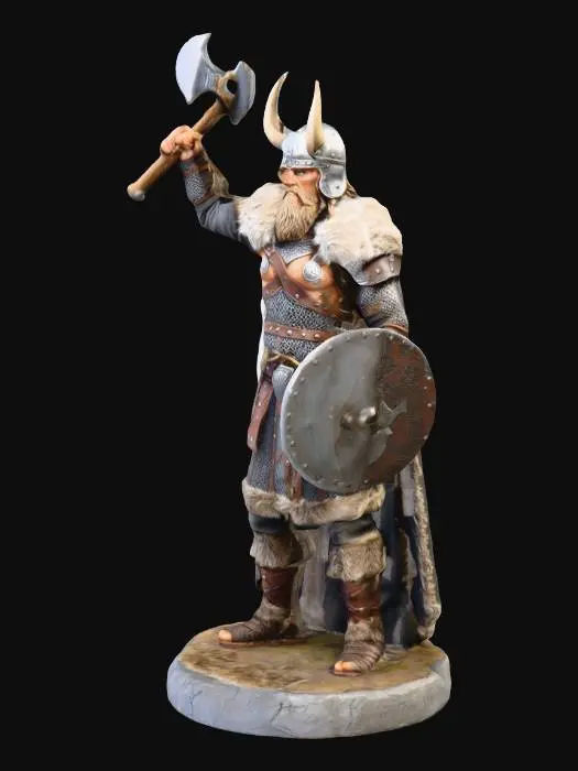 3D model for Stwórz mi figurkę vikinga stojącego na podstawce. Ubranego w zbroję z futer oraz z rogatym hełmem na głowie. Ma płaszcz do samej ziemi. W lewym ręku tarcza, blisko ciała w drugim, topór uniesiony do góry w wyciągniętej ku górze dłoni.