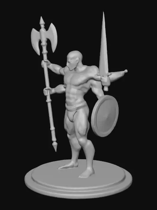 3D model for Stwórz mi postać czterorękiego humanoida na podstawce. Niech ma wszystkie cztery ramiona uniesione ku górze. W rękach może trzymac topór, miecz, pałę lub tarczę w dowolnej konfiguracji.