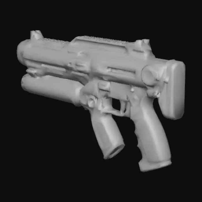 3D model for Футуристический двуручный огнемет, выполненный из матового черного армированного полимера и полированного титанового сплава. Его громоздкий корпус имеет четкие, угловатые грани, с выступающими вентиляционными отверстиями и утопленными индикаторными панелями, испускающими тусклое оранжевое свечение. Длинное сопло оканчивается массивным диффузором, а большая емкость для топлива закреплена под основным стволом. Ухватистые рукоятки покрыты текстурированной резиной для надежного захвата.