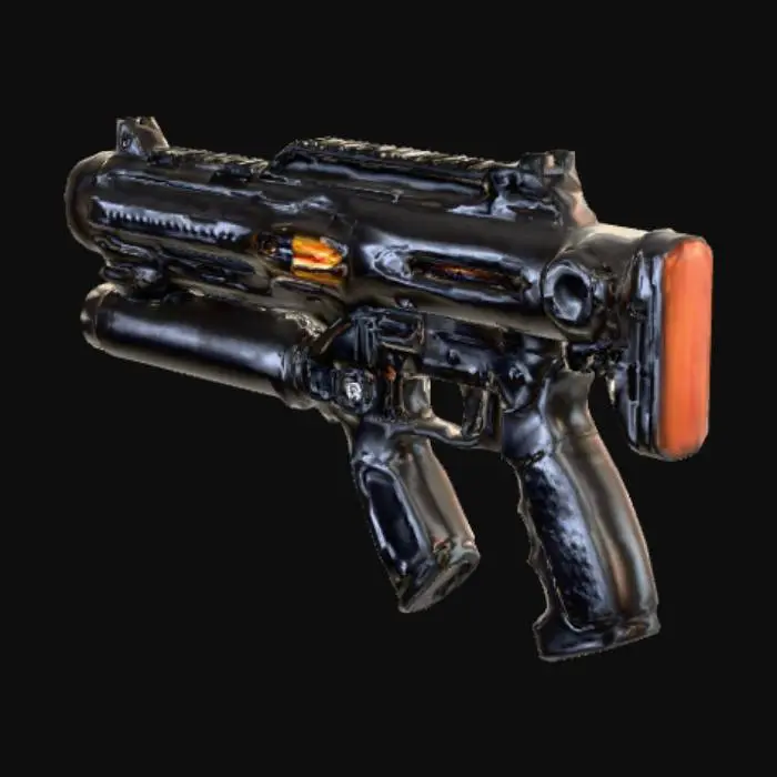 3D model for Футуристический двуручный огнемет, выполненный из матового черного армированного полимера и полированного титанового сплава. Его громоздкий корпус имеет четкие, угловатые грани, с выступающими вентиляционными отверстиями и утопленными индикаторными панелями, испускающими тусклое оранжевое свечение. Длинное сопло оканчивается массивным диффузором, а большая емкость для топлива закреплена под основным стволом. Ухватистые рукоятки покрыты текстурированной резиной для надежного захвата.