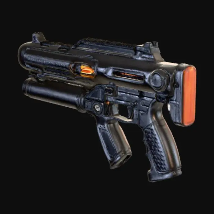 3D model for Футуристический двуручный огнемет, выполненный из матового черного армированного полимера и полированного титанового сплава. Его громоздкий корпус имеет четкие, угловатые грани, с выступающими вентиляционными отверстиями и утопленными индикаторными панелями, испускающими тусклое оранжевое свечение. Длинное сопло оканчивается массивным диффузором, а большая емкость для топлива закреплена под основным стволом. Ухватистые рукоятки покрыты текстурированной резиной для надежного захвата.