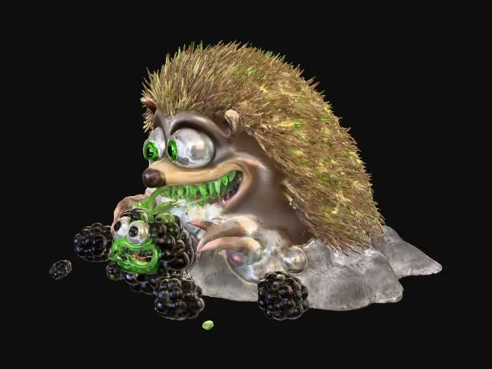 3D model for on a smokey grayish-blue background sits in the center an evil cartoonish hedgehog, terrorizing a blackberry, the blackberry has a look of terror in its oversized green eyes while looking up at the hedgehog, while the hedgehog laughs maniacally drool is dripping from the hedgehogs mouth