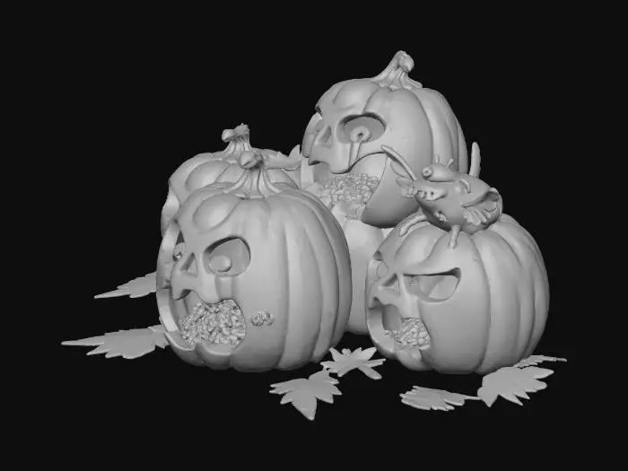 3D model for on a crisp white background, a jack-o-lantern with a terrified face, a jack-o-lantern with a quirky look, a jack-o-lantern with an angry look all in a row, all the pumpkins are done in the cloisonne style using vibrant orange, red, yellow and green, buried under the pumpkins is a very tired fairy, dressed in pumpkin leaves, there are pumpkin guts strewn all around