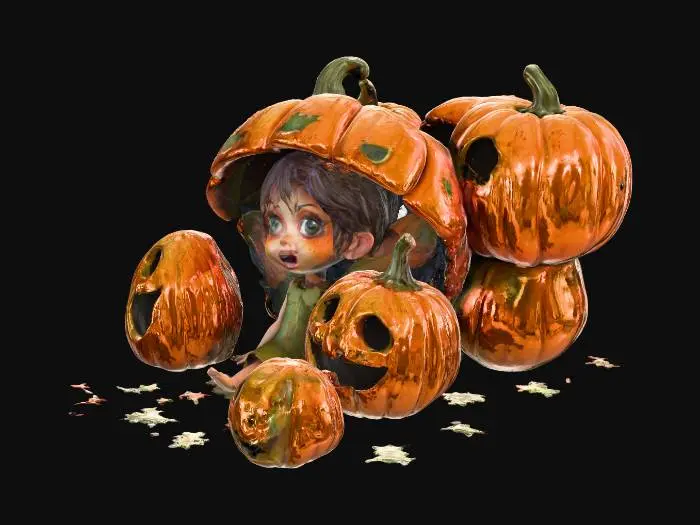 3D model for #Halloween2025#, on a crisp white background, buried under the pumpkins is a very tired fairy, dressed in pumpkin leaves, a jack-o-lantern with a terrified face, a jack-o-lantern with a quirky look, a jack-o-lantern with an angry look , all the pumpkins are done in the cloisonne style using vibrant orange, red, yellow and green,  there are pumpkin guts strewn all around