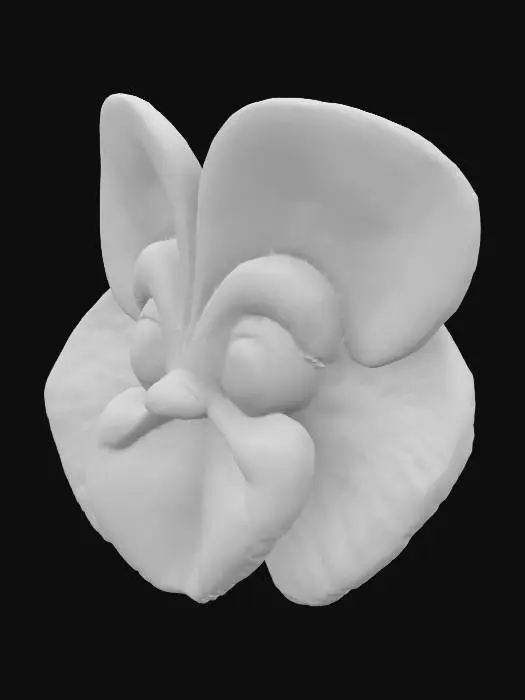 3D model for stylized, porcelain, pancy flower, big eyes, smiling mouth, delicate, disney style, high definition