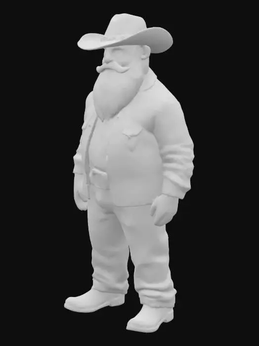 3D model for An older, slightly chunky man stands, his form defined by a loose red and black flannel shirt and sturdy blue jeans. He has a full, flowing white beard and long, straight white hair. His face features big, expressive blue eyes, giving him a kind appearance. A worn, brown leather cowboy hat sits atop his head, its brim subtly curved, adding to his rugged, yet approachable, demeanor.