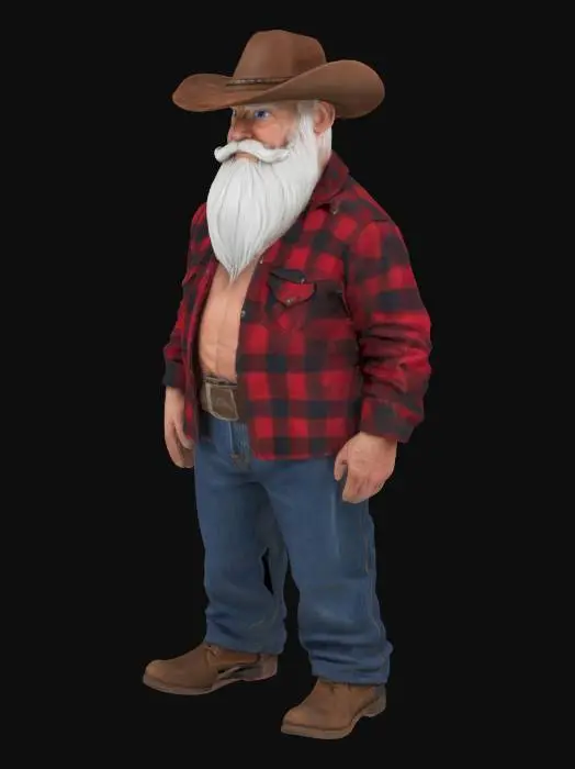 3D model for An older, slightly chunky man stands, his form defined by a loose red and black flannel shirt and sturdy blue jeans. He has a full, flowing white beard and long, straight white hair. His face features big, expressive blue eyes, giving him a kind appearance. A worn, brown leather cowboy hat sits atop his head, its brim subtly curved, adding to his rugged, yet approachable, demeanor.