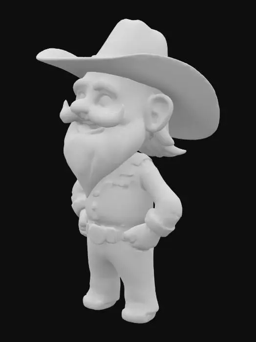 3D model for A cartoonish older, happy go lucky slightly chunky man stands, his form defined by a buttoned up red and black flannel shirt and sturdy blue jeans. He has a full, flowing white beard and long, straight white hair. His face features big, expressive blue eyes, which twinkle. A worn, brown leather cowboy hat sits atop his head, its brim subtly, curved,
