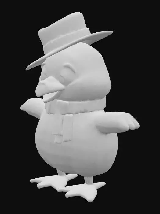 3D model for A highly detailed, photorealistic image of a cheerful, cartoon-inspired baby goose with soft, fluffy yellow feathers, standing upright in a snowy landscape. The goose wears a shiny black top hat with a red and white band on the hat slightly tilted on its head, and its large, expressive eyes gaze directly at the viewer with a joyful, playful expression. The goose is wearing a Christmas Scarf. Snowflakes gently fall around the goose, and its tiny orange webbed feet leave imprints in the fresh, powdery snow. The scene is brightly lit with a crisp, wintry daylight, and the background features softly blurred snow-covered trees, enhancing the whimsical and heartwarming mood.