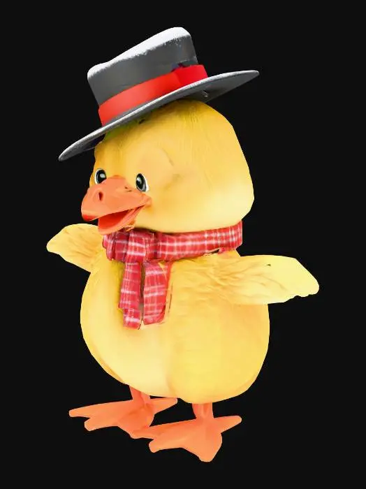 3D model for A highly detailed, photorealistic image of a cheerful, cartoon-inspired baby goose with soft, fluffy yellow feathers, standing upright in a snowy landscape. The goose wears a shiny black top hat with a red and white band on the hat slightly tilted on its head, and its large, expressive eyes gaze directly at the viewer with a joyful, playful expression. The goose is wearing a Christmas Scarf. Snowflakes gently fall around the goose, and its tiny orange webbed feet leave imprints in the fresh, powdery snow. The scene is brightly lit with a crisp, wintry daylight, and the background features softly blurred snow-covered trees, enhancing the whimsical and heartwarming mood.