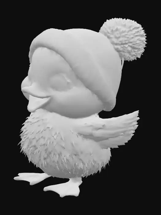 3D model for A charming, plump duckling with a fluffy, soft texture, transitioning from a warm yellow on its face to mottled cream and light brown down feathers on its body and wings. It features large, glossy black eyes that reflect light, and a smooth, peachy-orange beak wide open, suggesting a happy expression. Perched on its head is a bright reddish-orange knitted hat with a distinct ribbed texture, highlighted by a contrasting white stripe and topped with a fluffy, matching pom-pom. Its small, webbed feet are a reddish-brown.