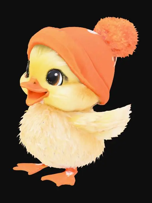 3D model for A charming, plump duckling with a fluffy, soft texture, transitioning from a warm yellow on its face to mottled cream and light brown down feathers on its body and wings. It features large, glossy black eyes that reflect light, and a smooth, peachy-orange beak wide open, suggesting a happy expression. Perched on its head is a bright reddish-orange knitted hat with a distinct ribbed texture, highlighted by a contrasting white stripe and topped with a fluffy, matching pom-pom. Its small, webbed feet are a reddish-brown.