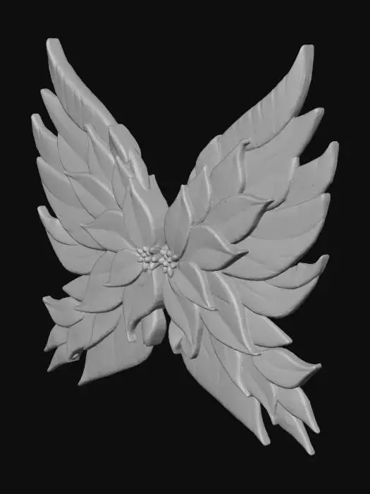 3D model for on a crisp white background, facing the viewer are large simplistic fairy wings with vibrant poinsettia red and green leaf motif made from very thick etched porcelain