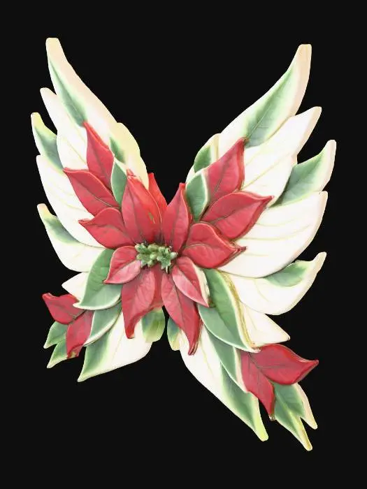 3D model for on a crisp white background, facing the viewer are large simplistic fairy wings with vibrant poinsettia red and green leaf motif made from very thick etched porcelain