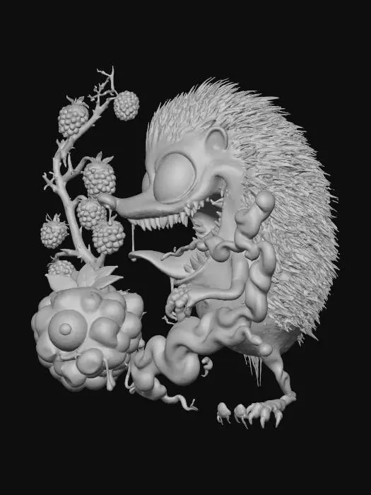 3D model for on a smokey grayish-blue background in the center is an evil cartoonish hedgehog, stalking and terrorizing a blackberry branch, the blackberry has a look of terror in its oversized green eyes while looking up at the hedgehog, while the hedgehog laughs maniacally drool is dripping from the hedgehog's mouth , #villain#