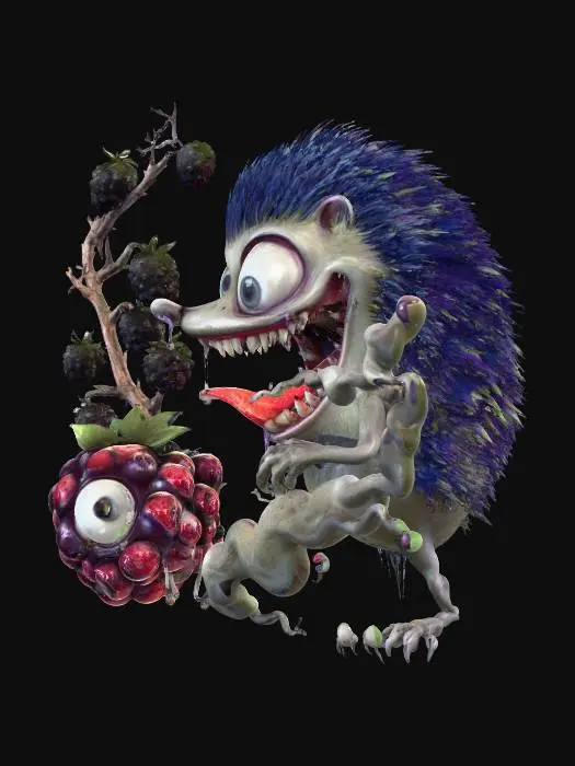 3D model for on a smokey grayish-blue background in the center is an evil cartoonish hedgehog, stalking and terrorizing a blackberry branch, the blackberry has a look of terror in its oversized green eyes while looking up at the hedgehog, while the hedgehog laughs maniacally drool is dripping from the hedgehog's mouth , #villain#