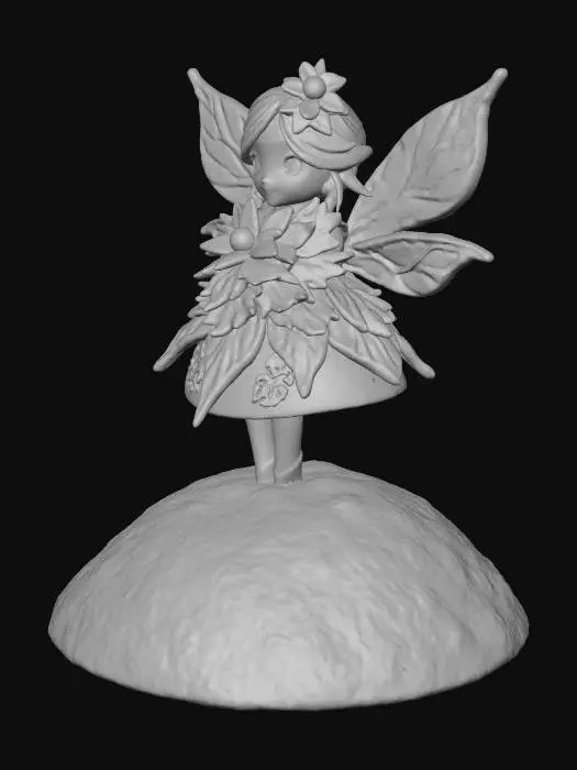 3D model for a tiny, cheerful fairy stands atop a sparkling snowbank, her joyful expression radiating warmth. She is dressed in a whimsical gown crafted from layered poinsettia leaves, the rich reds and greens forming a festive, elegant attire. Her wings are sculpted from thick, etched porcelain, gleaming with intricate patterns and a subtle iridescence. The fairy cradles a delicate bouquet of poinsettias rendered in the ornate cloisonné style, with metallic outlines and glossy enamel colors.