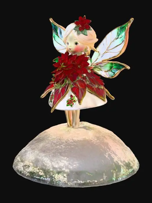 3D model for a tiny, cheerful fairy stands atop a sparkling snowbank, her joyful expression radiating warmth. She is dressed in a whimsical gown crafted from layered poinsettia leaves, the rich reds and greens forming a festive, elegant attire. Her wings are sculpted from thick, etched porcelain, gleaming with intricate patterns and a subtle iridescence. The fairy cradles a delicate bouquet of poinsettias rendered in the ornate cloisonné style, with metallic outlines and glossy enamel colors.