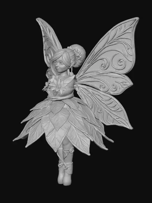 3D model for a tiny, cheerful fairy stands atop a sparkling snowbank, her joyful expression radiating warmth. She is dressed in a whimsical gown crafted from layered poinsettia leaves, the rich reds and greens forming a festive, elegant attire. Her wings are sculpted from thick, etched porcelain, gleaming with intricate patterns and a subtle iridescence. The fairy cradles a delicate bouquet of poinsettias rendered in the ornate cloisonné style, with metallic outlines and glossy enamel colors.