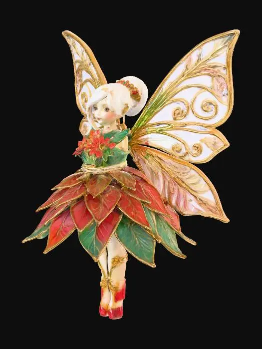 3D model for a tiny, cheerful fairy stands atop a sparkling snowbank, her joyful expression radiating warmth. She is dressed in a whimsical gown crafted from layered poinsettia leaves, the rich reds and greens forming a festive, elegant attire. Her wings are sculpted from thick, etched porcelain, gleaming with intricate patterns and a subtle iridescence. The fairy cradles a delicate bouquet of poinsettias rendered in the ornate cloisonné style, with metallic outlines and glossy enamel colors.