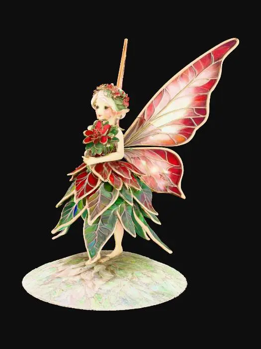 3D model for a tiny, cheerful fairy stands atop a sparkling snowbank, her joyful expression radiating warmth. She is dressed in a whimsical gown crafted from layered poinsettia leaves, the rich reds and greens forming a festive, elegant attire. Her wings are sculpted from thick, etched porcelain, gleaming with intricate patterns and a subtle iridescence. The fairy cradles a delicate bouquet of poinsettias rendered in the ornate cloisonné style, with metallic outlines and glossy enamel colors.