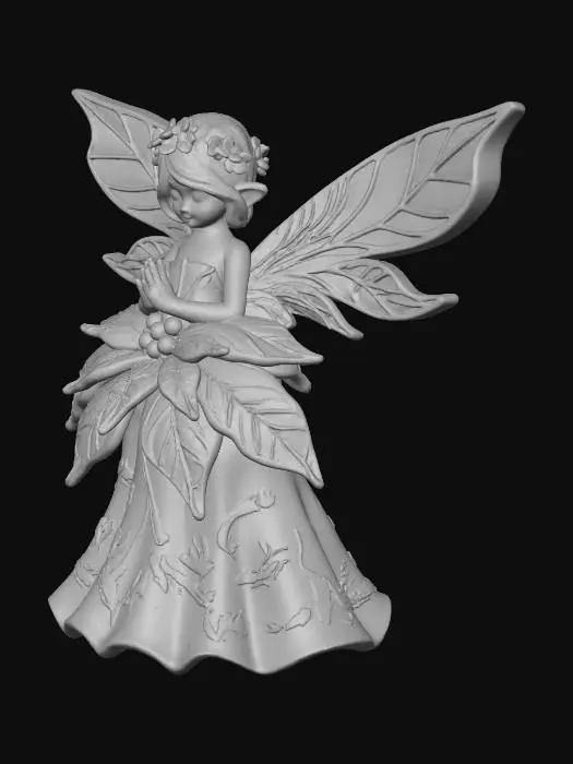 3D model for a tiny, cheerful fairy stands atop a sparkling snowbank, her joyful expression radiating warmth. She is dressed in a whimsical gown crafted from layered poinsettia leaves, the rich reds and greens forming a festive, elegant attire. Her wings are sculpted from thick, etched porcelain, gleaming with intricate patterns and a subtle iridescence. The fairy cradles a delicate bouquet of poinsettias rendered in the ornate cloisonné style, with metallic outlines and glossy enamel colors.