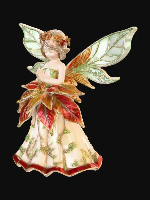 3D model for a tiny, cheerful fairy stands atop a sparkling snowbank, her joyful expression radiating warmth. She is dressed in a whimsical gown crafted from layered poinsettia leaves, the rich reds and greens forming a festive, elegant attire. Her wings are sculpted from thick, etched porcelain, gleaming with intricate patterns and a subtle iridescence. The fairy cradles a delicate bouquet of poinsettias rendered in the ornate cloisonné style, with metallic outlines and glossy enamel colors.