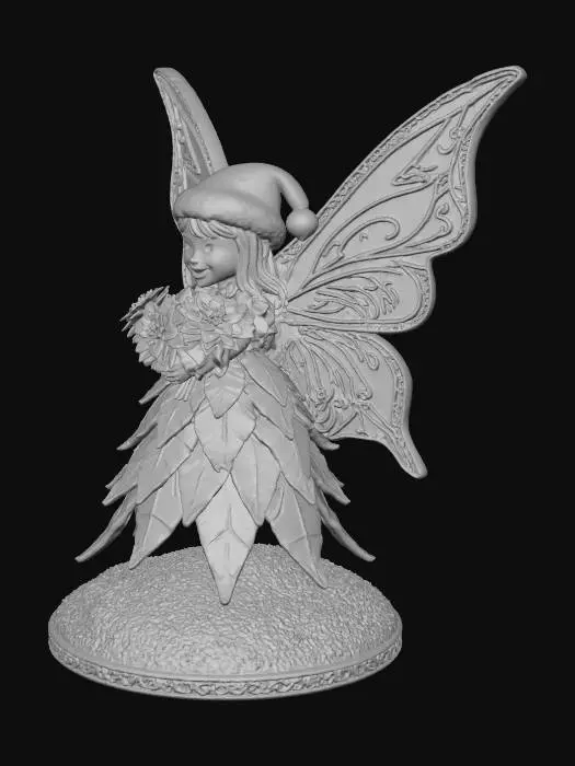 3D model for a tiny, cheerful fairy stands atop a sparkling snowbank, her joyful expression radiating warmth. She is dressed in a whimsical gown crafted from layered poinsettia leaves, the rich reds and greens forming a festive, elegant attire. Her wings are sculpted from thick, etched porcelain, gleaming with intricate patterns and a subtle iridescence. The fairy cradles a delicate bouquet of poinsettias rendered in the ornate cloisonné style, with metallic outlines and glossy enamel colors.