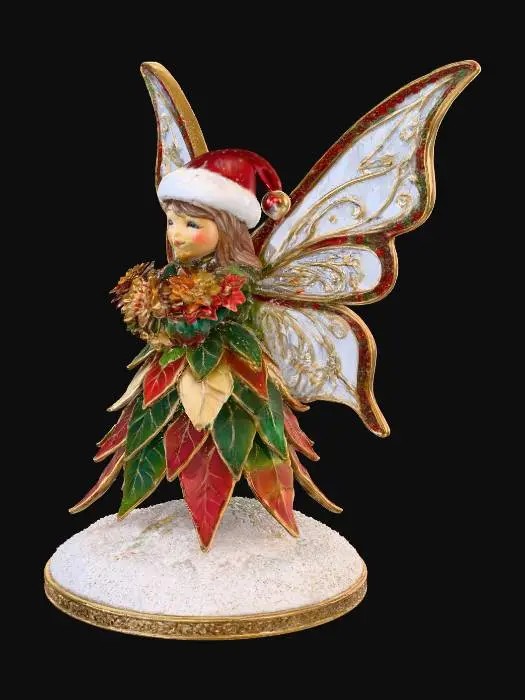 3D model for a tiny, cheerful fairy stands atop a sparkling snowbank, her joyful expression radiating warmth. She is dressed in a whimsical gown crafted from layered poinsettia leaves, the rich reds and greens forming a festive, elegant attire. Her wings are sculpted from thick, etched porcelain, gleaming with intricate patterns and a subtle iridescence. The fairy cradles a delicate bouquet of poinsettias rendered in the ornate cloisonné style, with metallic outlines and glossy enamel colors.