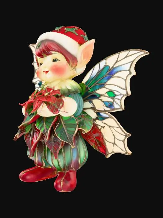 3D model for a tiny, cheerful male fairy stands atop a sparkling snowbank, his joyful expression radiating warmth. He is dressed in a whimsical outfit crafted from layered poinsettia leaves, the rich reds and greens forming a festive, elegant attire. His wings are sculpted from thick, etched porcelain, gleaming with intricate patterns and a subtle iridescence. The fairy cradles a delicate bouquet of poinsettias rendered in the ornate cloisonné style, with metallic outlines and glossy enamel colors.