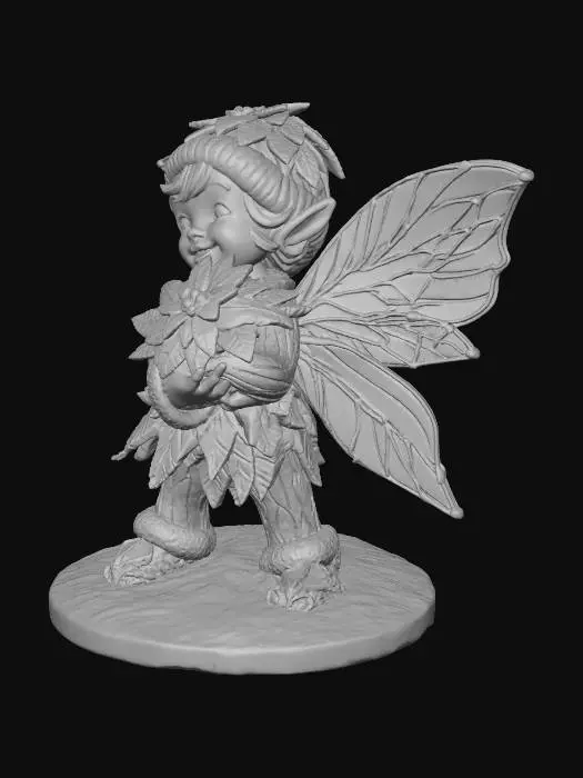 3D model for a tiny, cheerful male fairy stands atop a sparkling snowbank, his joyful expression radiating warmth. He is dressed in a whimsical outfit crafted from layered poinsettia leaves, the rich reds and greens forming a festive, elegant attire. His wings are sculpted from thick, etched porcelain, gleaming with intricate patterns and a subtle iridescence. The fairy cradles a delicate bouquet of poinsettias rendered in the ornate cloisonné style, with metallic outlines and glossy enamel colors.