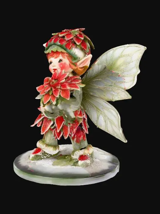 3D model for a tiny, cheerful male fairy stands atop a sparkling snowbank, his joyful expression radiating warmth. He is dressed in a whimsical outfit crafted from layered poinsettia leaves, the rich reds and greens forming a festive, elegant attire. His wings are sculpted from thick, etched porcelain, gleaming with intricate patterns and a subtle iridescence. The fairy cradles a delicate bouquet of poinsettias rendered in the ornate cloisonné style, with metallic outlines and glossy enamel colors.