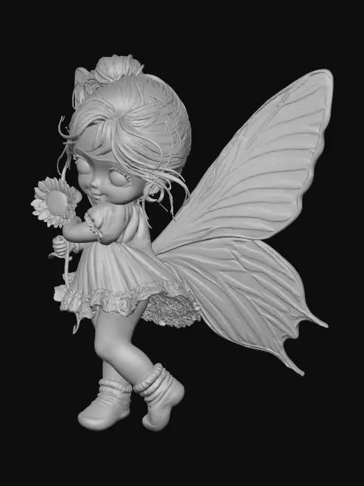 3D model for on a plain white background in the photo realistic color sketch style, of a small delicate fairy, with thick porcelain like wings, holding an adorable tiny little cartoon style sunflower with big blue eyes, and is wearing socks on her feet, while dancing in the air