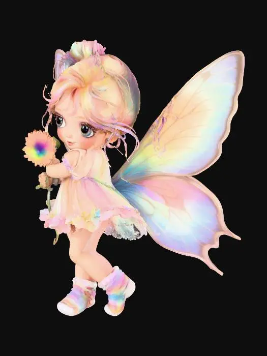 3D model for on a plain white background in the photo realistic color sketch style, of a small delicate fairy, with thick porcelain like wings, holding an adorable tiny little cartoon style sunflower with big blue eyes, and is wearing socks on her feet, while dancing in the air