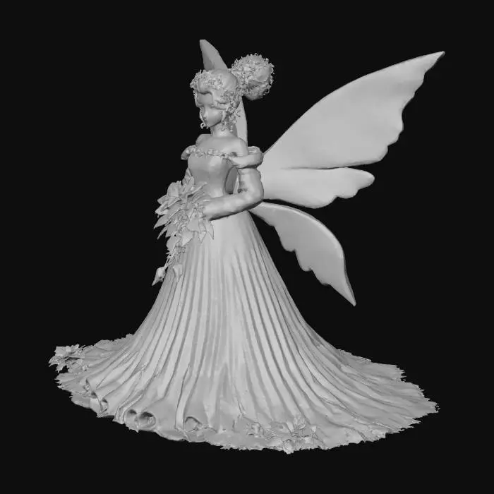 3D model for on a pristine crisp white background stands a photo realistic sketch of an elegant tall statuesque queen fairy, standing facing forward and looking directly at the viewer, dressed in an iridescent flowing white gown that covers the snowbank she is standing in, the hem is covered in scattered red poinsettia leaves, she is holding a bouquet of poinsettias with vibrant red and green leaves in her hands, she has curly red hair worn up in a bun and twinkling green eyes, her wings are made of thick translucent porcelain