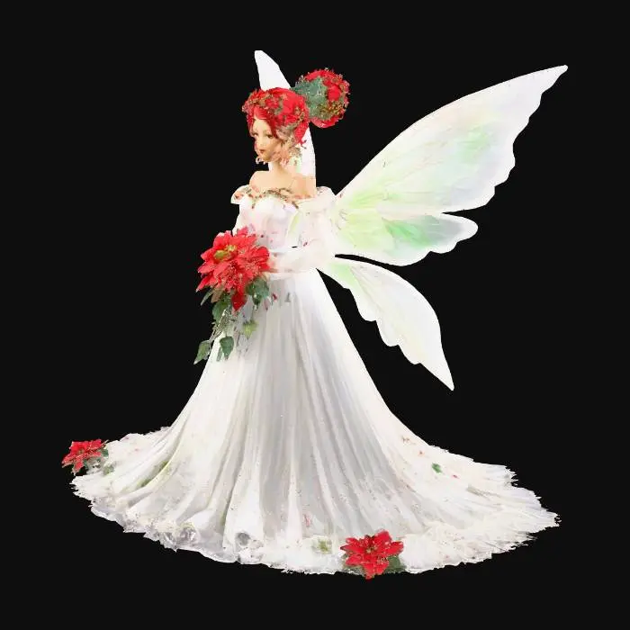 3D model for on a pristine crisp white background stands a photo realistic sketch of an elegant tall statuesque queen fairy, standing facing forward and looking directly at the viewer, dressed in an iridescent flowing white gown that covers the snowbank she is standing in, the hem is covered in scattered red poinsettia leaves, she is holding a bouquet of poinsettias with vibrant red and green leaves in her hands, she has curly red hair worn up in a bun and twinkling green eyes, her wings are made of thick translucent porcelain
