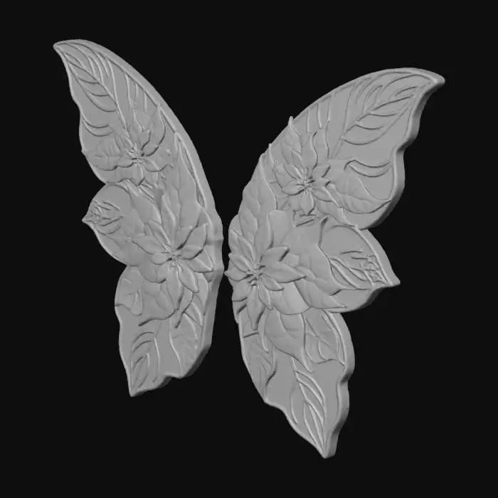 3D model for on a crisp white background, facing the viewer are large simplistic fairy wings with vibrant poinsettia red and green leaf motif made from very thick etched porcelain